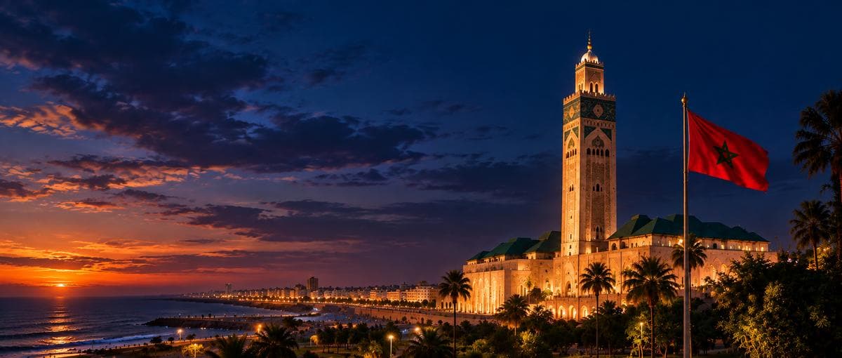 Minaret et drapeau marocain au crépuscule